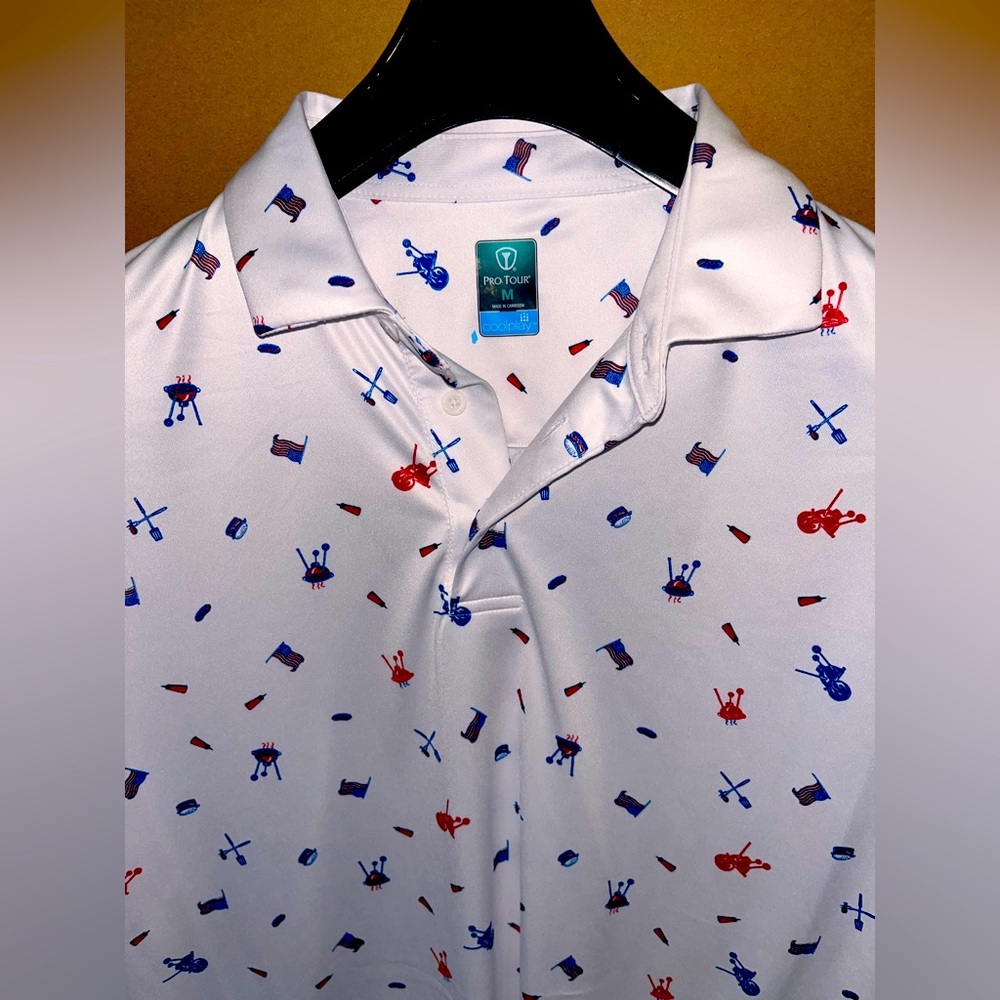 NWT Mens Pro Tour Golf Polo Shirt Medium 4th of July Flag BBQ Stretchy America